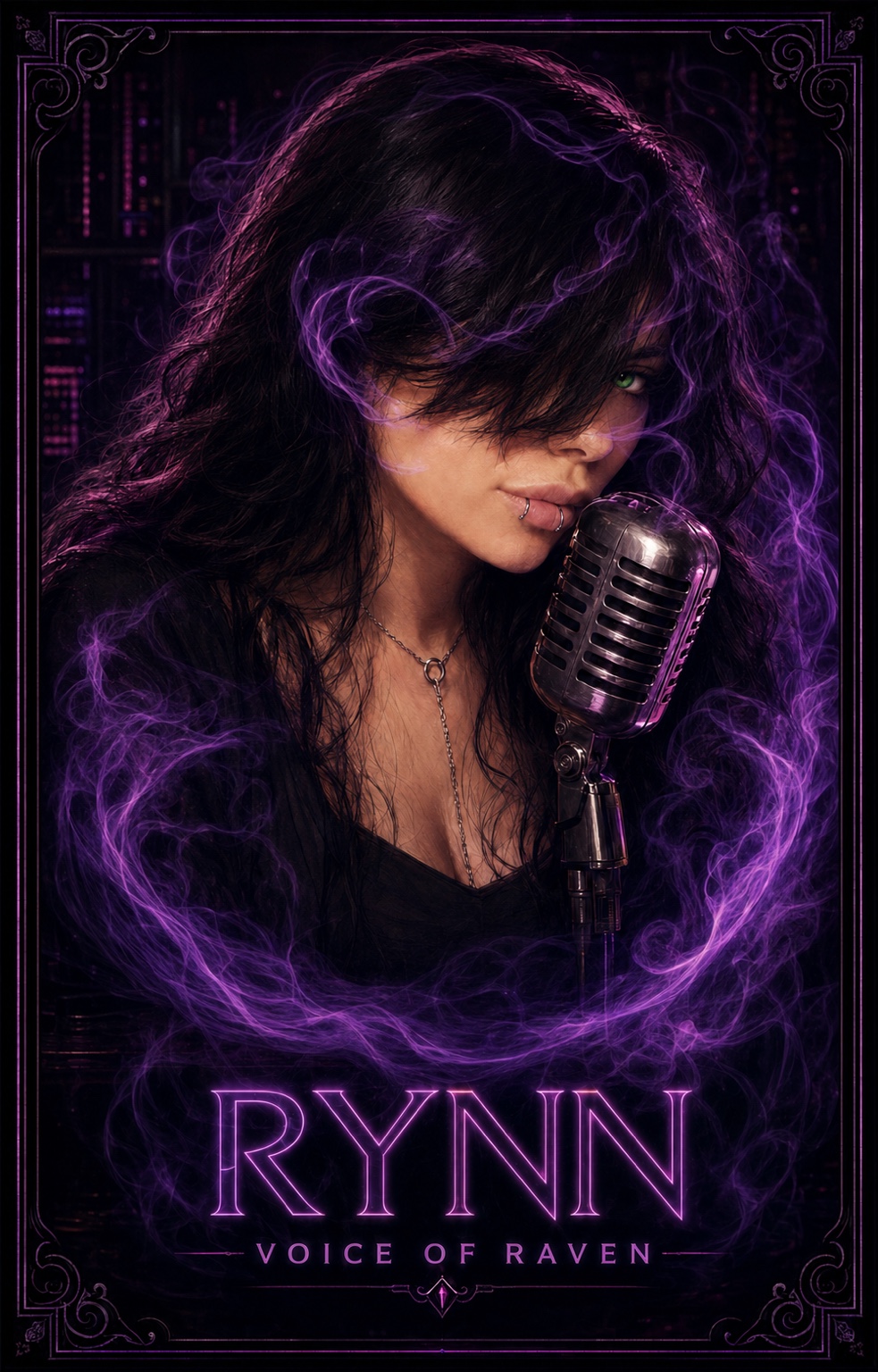 Rynn, voice of Raven in After Asylum, beside a vintage microphone in purple smoke